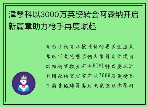 津琴科以3000万英镑转会阿森纳开启新篇章助力枪手再度崛起
